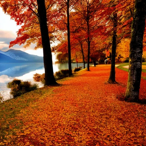 Autumn October Canadian Maple Red Leaves Path Benches Fallen Lea