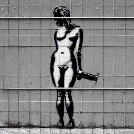 Naked Girl With Machine Gun In Industrial Factory Banksy Style Arthub Ai