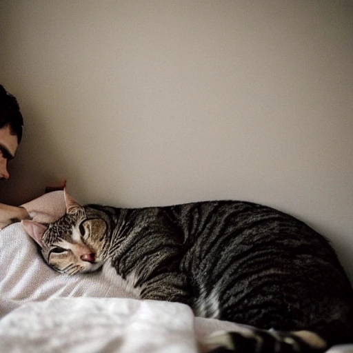 Una Pareja De Enamorados Con Un Gato En Una Cama En La Pared Un