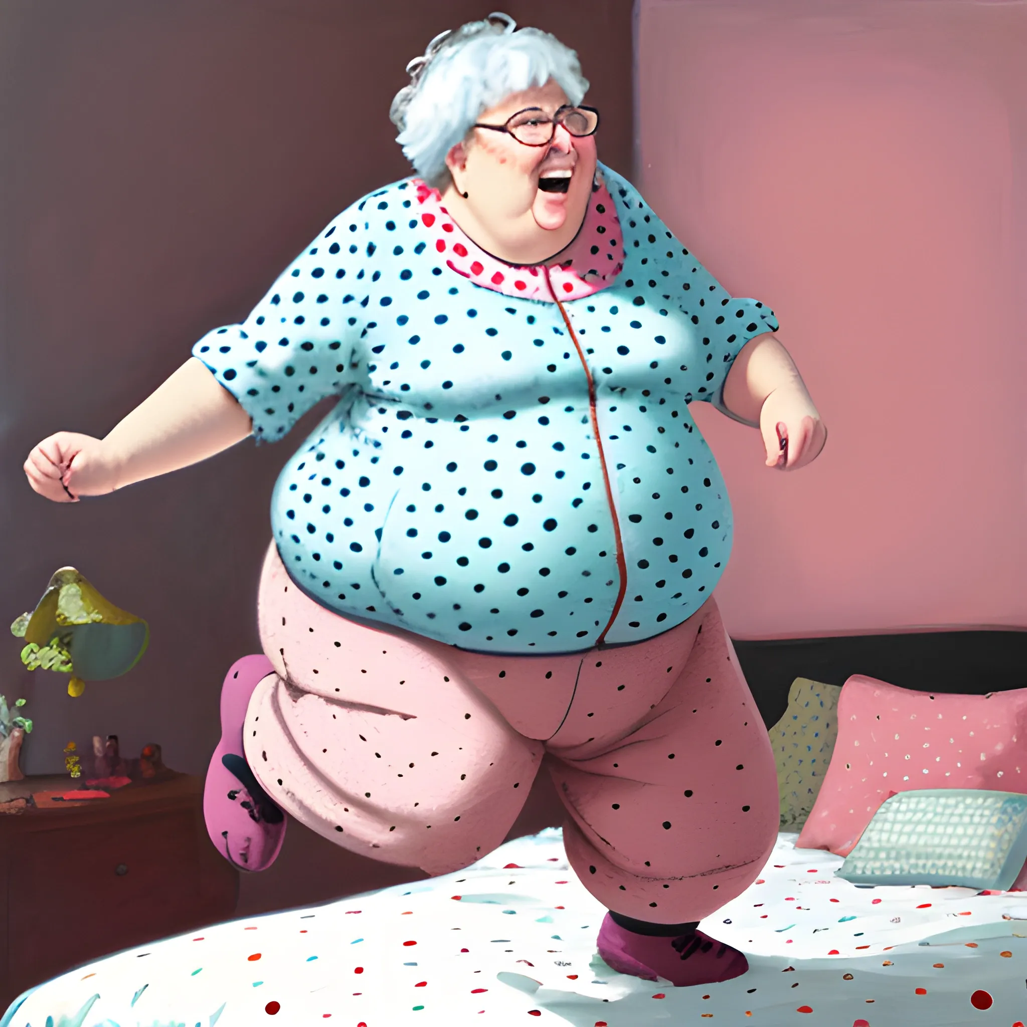 Fat Grandma Jumping On Bed Polkadots Muted Colors Oil Painti