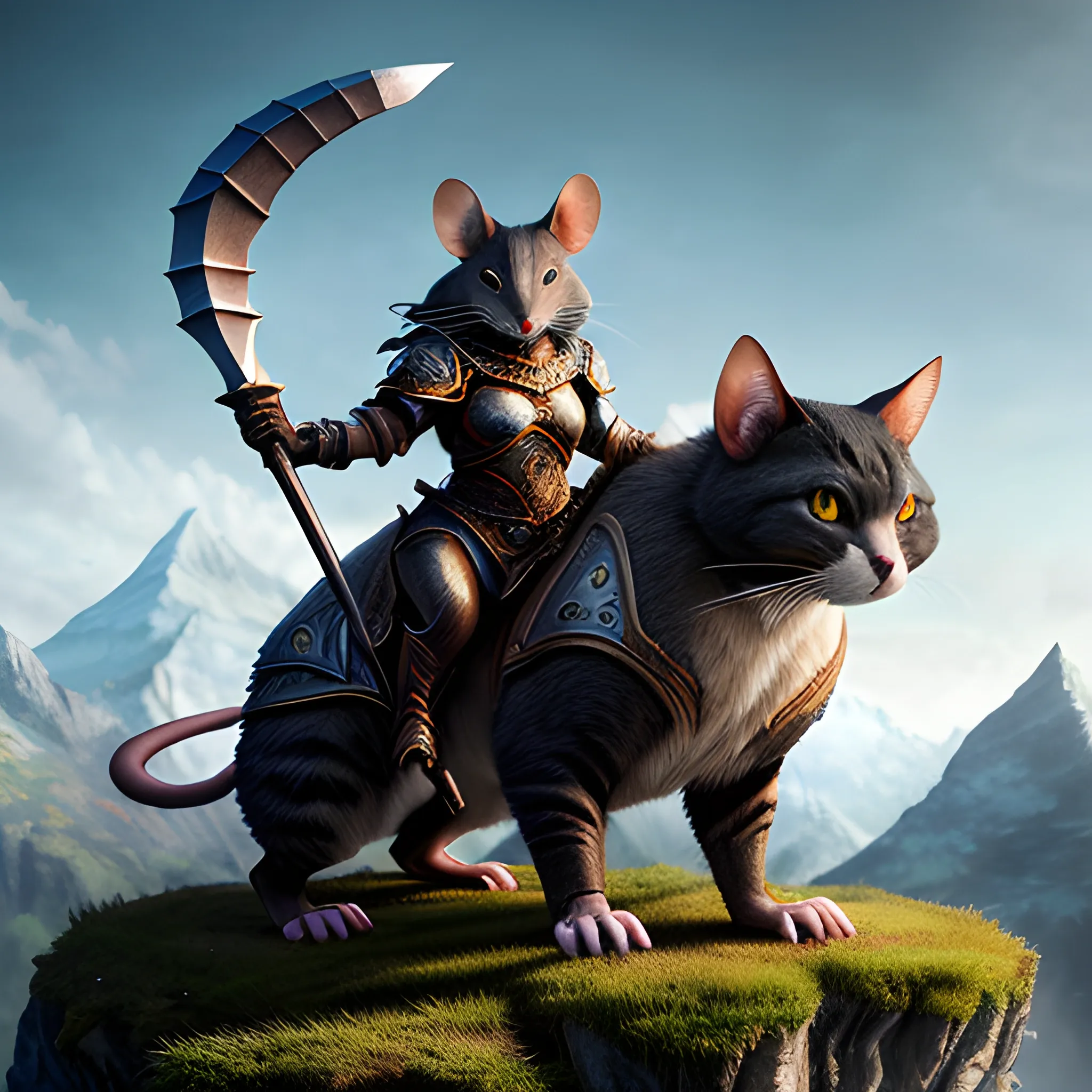 A Tiny Mouse Riding On A Back Of A Huge And Giant Warrior Cat C