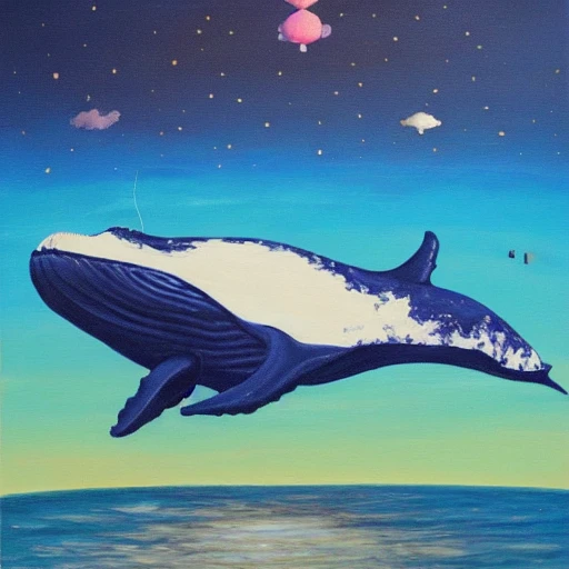 whale flying in the sky with astrounaut, Oil Painting