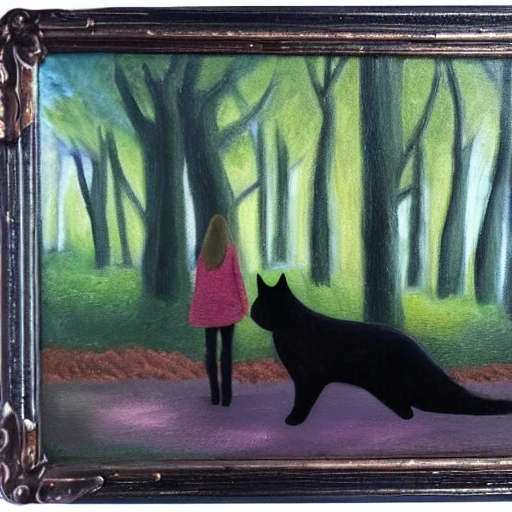 A Girl and her black cat walking next to each other into a mirror in the middle of a forest, 3D, Oil Painting