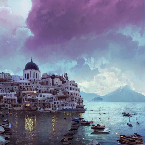 Downtown of an island city resembling Thessaloniki, positano, and Genova at afternoon, cold city, winter, cyberpunk cars, purple sky, sweet clouds, intricate, elegant, highly detailed, digital painting, artstation, concept art, smooth, sharp focus, art by krenz cushart and artem demura and alphonse mucha, Trippy, 3D, Pencil Sketch