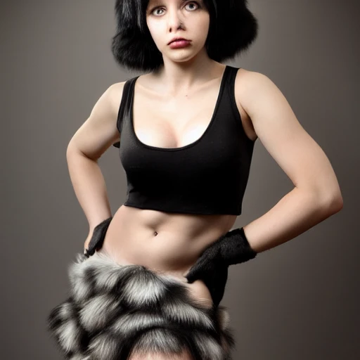 ultra realistic half-body pin up photo of a sexy beautiful chimpanzee girl wearing tight mini skirt and loos tank top, fluffy black fur, modeling photography, 8 0 mm camera, by Dave McKean and Sam Weber, 8k, HD, Ultra Realistic,  look into camera 