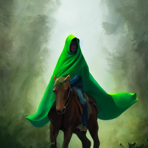 a girl on a horse with a green hood and cloak, escaping fast, disney concept artists, fantasy concept, trending on artstation, digital art, character concept, illustration, disney style