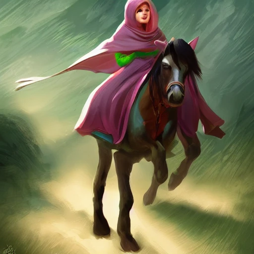 a girl on a horse with a green hood and cloak, escaping fast, disney concept artists, fantasy concept, trending on artstation, digital art, character concept, illustration, disney style