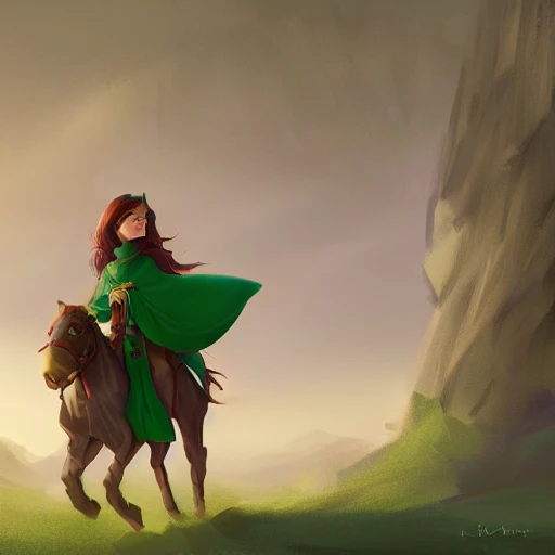 a girl on a horse with a green hood and cloak, escaping fast, disney concept artists, fantasy concept, trending on artstation, digital art, character concept, illustration, disney style, Cartoon