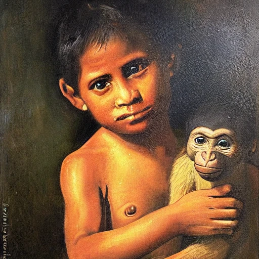 Portrait of a Brazilian indigenous Child with a monkey, Oil Painting