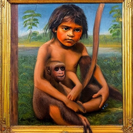 Portrait of a Brazilian indigenous Child with a monkey, Oil Painting