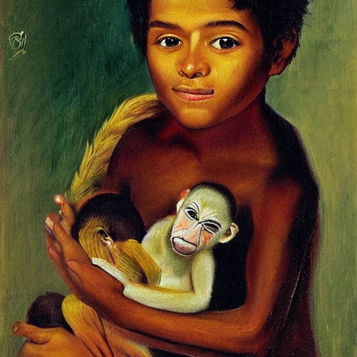 Portrait of a Brazilian Child with a monkey, Oil Painting