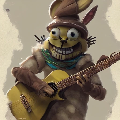 a spongebob rabbit person bard adventurer playing guitar. Elegant. Smooth. By Ruan Jia and Artgerm and Range Murata and WLOP and CLAMP. Key Art. Fantasy Illustration. award winning, Artstation, intricate details, realistic, Hyperdetailed, 8k resolution.