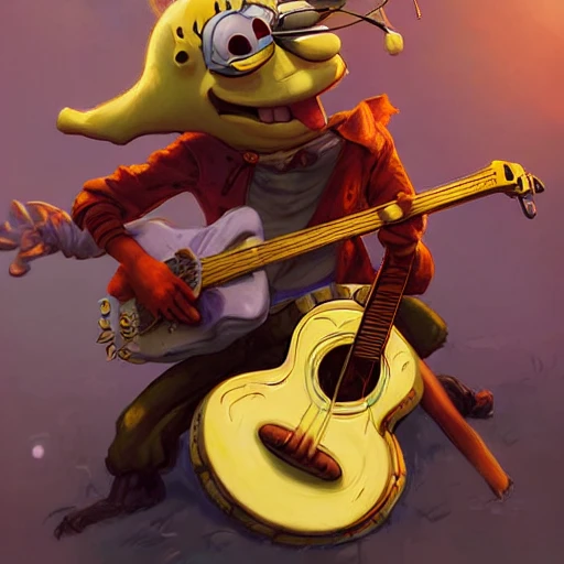 a spongebob rabbit person bard adventurer playing guitar. Elegant. Smooth. By Ruan Jia and Artgerm and Range Murata and WLOP and CLAMP. Key Art. Fantasy Illustration. award winning, Artstation, intricate details, realistic, Hyperdetailed, 8k resolution.