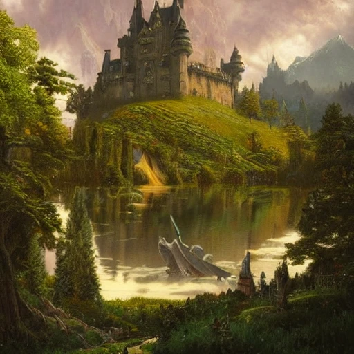 beautiful matte art of a big castle in a serene landscape, a knight riding a dragon, by albert bierstadt, green grass, highly detailed, crystal lighting, mystical, forest, hyperrealistic, 4 k, unreal engine, magical, by joe fenton, by greg rutkowski, by greg tocchini, by kaws, by kate beaton, by kaethe butcher 