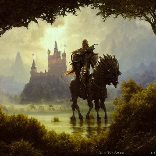 beautiful matte art of a big castle in a serene landscape, a knight riding a dragon, by albert bierstadt, green grass, highly detailed, crystal lighting, mystical, forest, hyperrealistic, 4 k, unreal engine, magical, by joe fenton, by greg rutkowski, by greg tocchini, by kaws, by kate beaton, by kaethe butcher 