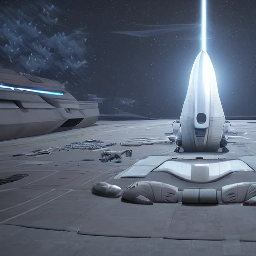 a large spaceship parked on the ground, depth haze, realistic, unreal engine