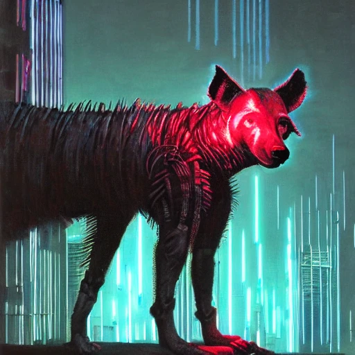 cyberpunk dystopian cyborg hyena, wires and glowing lights, beksinski style, realism 