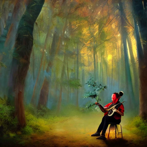 hyper realistic oil painting of rabbit bard playing guitar in a forest, back camera shot, vibrant colors, high contrast, by greg rutkowski, trending on artstation, caricaturist