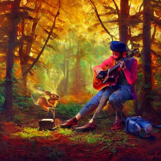 hyper realistic oil painting of rabbit bard playing guitar in a forest, back camera shot, vibrant colors, high contrast, by greg rutkowski, trending on artstation, caricaturist