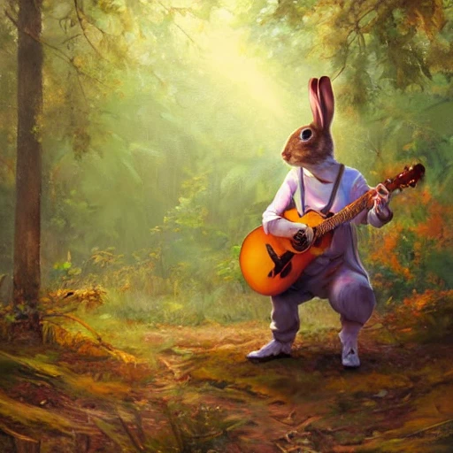 hyper realistic oil painting of a rabbit bard playing guitar in a forest, back camera shot, vibrant colors, high contrast, by greg rutkowski, trending on artstation, caricaturist