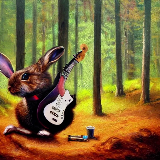 hyper realistic oil painting of a rabbit bard playing guitar in a forest, back camera shot, vibrant colors, high contrast, by greg rutkowski, trending on artstation, caricaturist