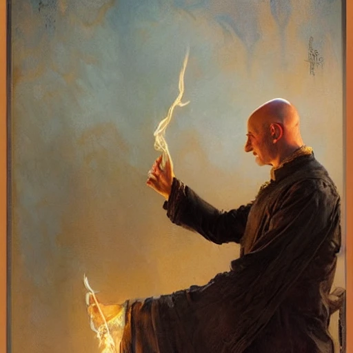 stunning male bald wizard casting his mage hand spell, highly detailed painting by gaston bussiere, craig mullins, j. c. leyendecker