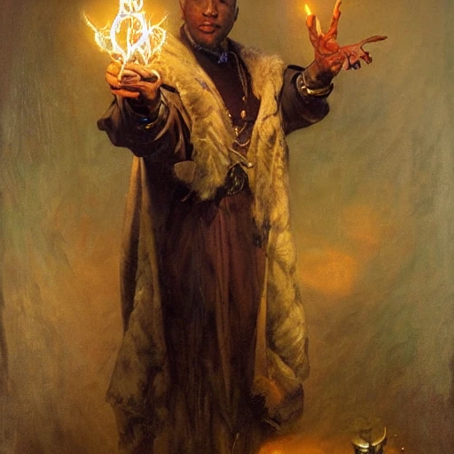 stunning black male bald wizard casting his mage hand spell, owl on shoulder, highly detailed painting by gaston bussiere, craig mullins, j. c. leyendecker