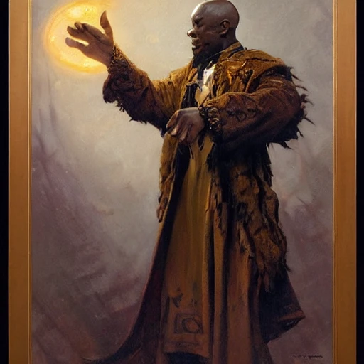 stunning black male bald wizard casting his mage hand spell, owl on shoulder, highly detailed painting by gaston bussiere, craig mullins, j. c. leyendecker