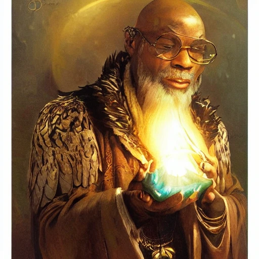 stunning black male bald wizard casting his mage hand spell with an owl on his shoulder, highly detailed painting by gaston bussiere, craig mullins, j. c. leyendecker