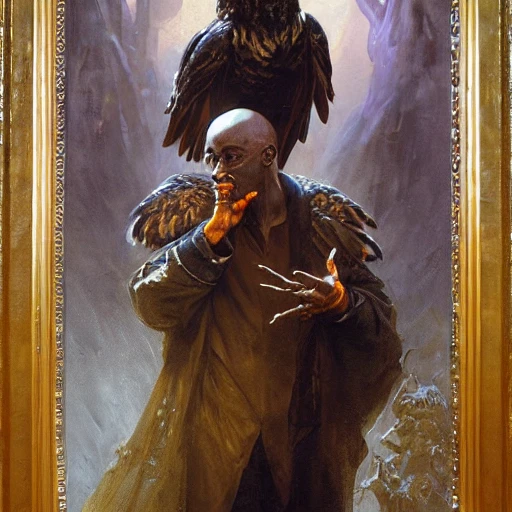 stunning black male bald wizard casting his mage hand spell with an owl on his shoulder, highly detailed painting by gaston bussiere, craig mullins, j. c. leyendecker