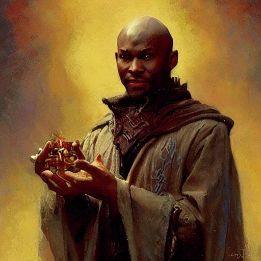 stunning black male bald wizard casting his mage hand spell with a small owl on his shoulder, highly detailed painting by gaston bussiere, craig mullins, j. c. leyendecker