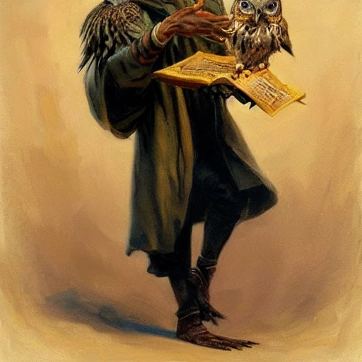 stunning black male bald wizard casting his mage hand spell with a small owl on his shoulder, highly detailed painting by gaston bussiere, craig mullins, j. c. leyendecker