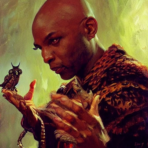 stunning black male bald wizard casting his mage hand spell with a small owl on his shoulder, highly detailed painting by gaston bussiere, craig mullins, j. c. leyendecker