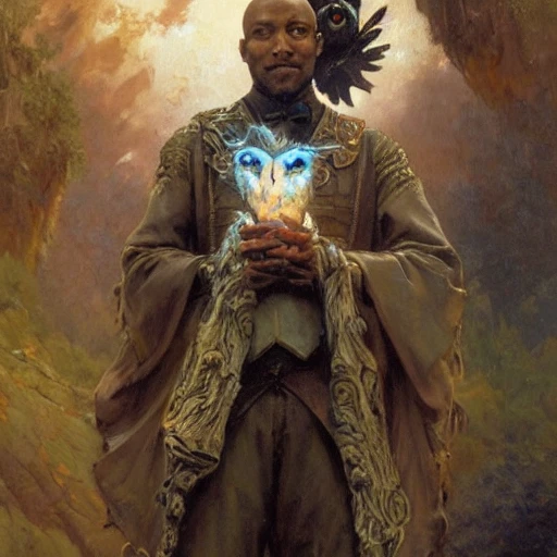 stunning black male bald wizard casting his mage hand spell with a small owl on his shoulder, highly detailed painting by gaston bussiere, craig mullins, j. c. leyendecker