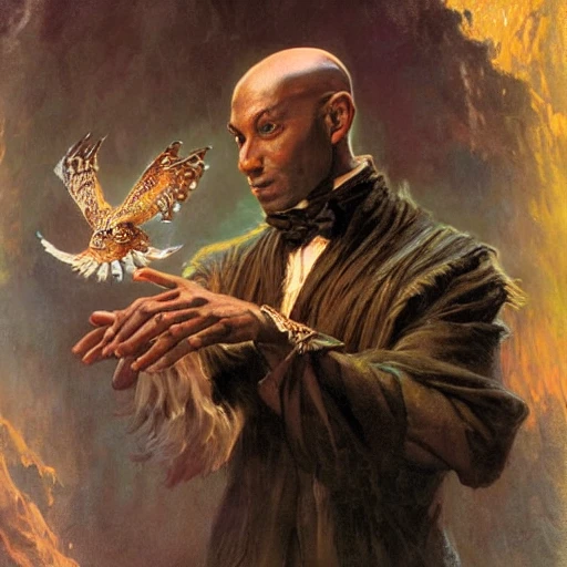 stunning black male bald wizard casting his mage hand spell with a small owl on his shoulder, highly detailed painting by gaston bussiere, craig mullins, j. c. leyendecker