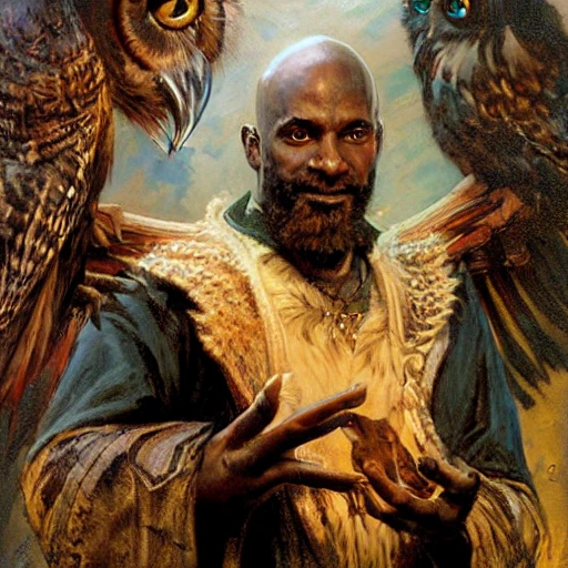 stunning black male bald wizard casting his mage hand spell with a small owl on his shoulder, highly detailed painting by gaston bussiere, craig mullins, j. c. leyendecker