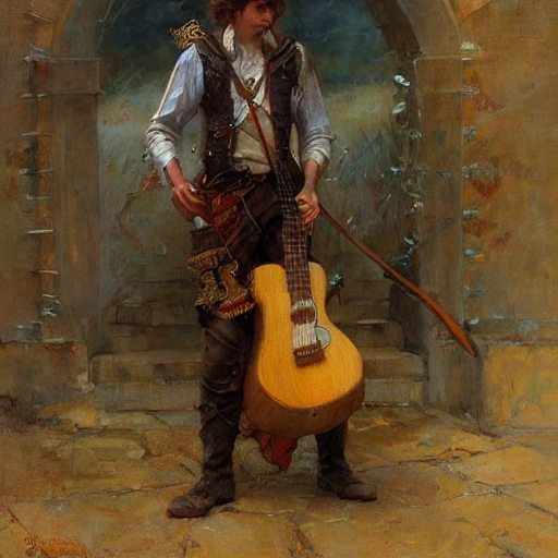 stunning rabbit bard adventurer carrying a guitar, highly detailed painting by gaston bussiere, craig mullins, j. c. leyendecker