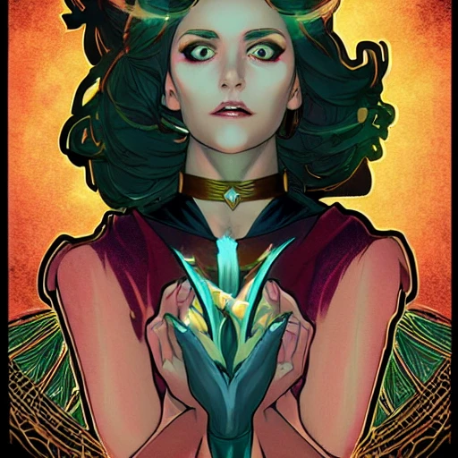 confident enchantress, casting a glowing spell out of her hands, ominous, tarot card, highly detailed, digital painting, artstation, concept art, smooth, sharp focus, illustration, art by artgerm and alphonse mucha, high definition digital art, in the style of Ross tran and ilya kuvshinov