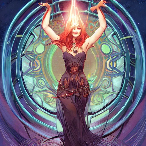 confident enchantress, casting a glowing spell out of her hands, ominous, tarot card border, highly detailed, digital painting, artstation, concept art, smooth, sharp focus, illustration, art by artgerm and alphonse mucha, high definition digital art, in the style of Ross tran and ilya kuvshinov