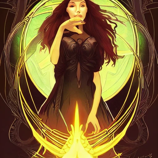 a tarot card of a confident enchantress, casting a glowing spell ...