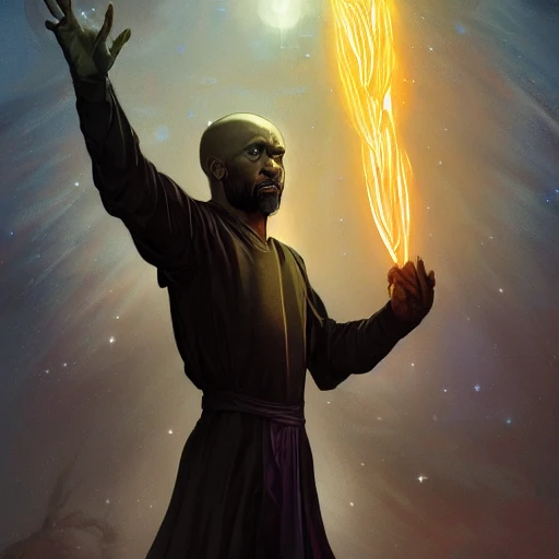 a tarot card of a black bald male wizard, casting a glowing spell out of his hands, ominous, highly detailed, digital painting, artstation, concept art, smooth, sharp focus, illustration, art by artgerm and alphonse mucha, high definition digital art, in the style of Ross tran and ilya kuvshinov, 3:5