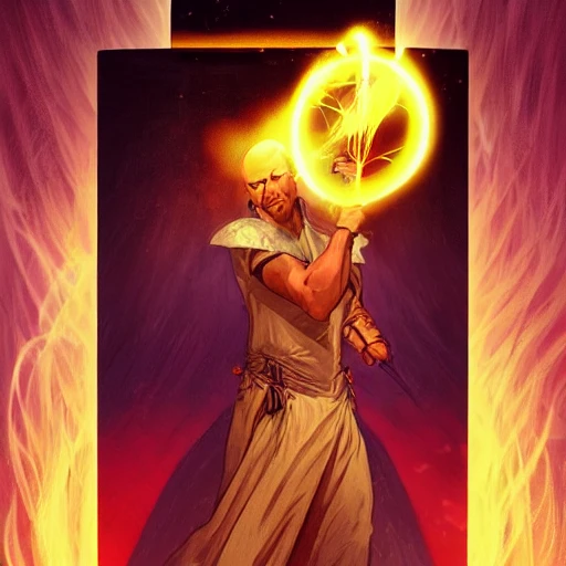 a tarot card of a black bald male wizard, casting a glowing spell out of his hands, ominous, highly detailed, digital painting, artstation, concept art, smooth, sharp focus, illustration, art by artgerm and alphonse mucha, high definition digital art, in the style of Ross tran and ilya kuvshinov, 3:5