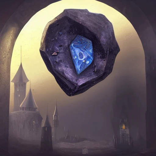 A Giant magical glowing gem meteorite in the middle the plaza of a medieval city, beautiful, concept art, sharp focus, highly detailed, intricate, still, photograph, fantasy, medieval, midday, day, sunny, shimmering, realistic, 8k, award winning, trending on artstation, Dungeons and dragons, tabletop, in the style of Wizards of the coast