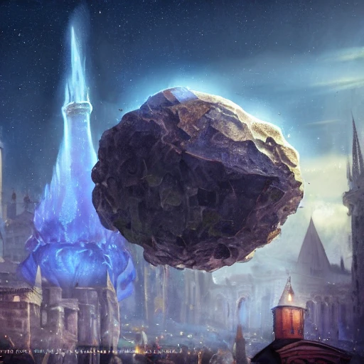 A Giant magical glowing gem meteorite in the middle the plaza of a medieval city, beautiful, concept art, sharp focus, highly detailed, intricate, still, photograph, fantasy, medieval, midday, day, sunny, shimmering, realistic, 8k, award winning, trending on artstation, Dungeons and dragons, tabletop, in the style of Wizards of the coast