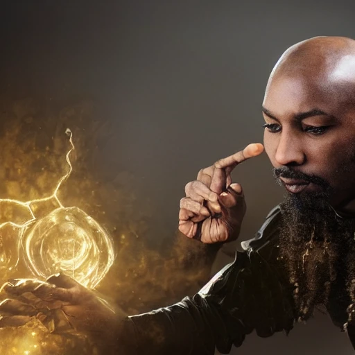 stunning black male bald wizard casting a spell, beautiful, concept art, sharp focus, highly detailed, intricate, still, photograph, fantasy, medieval, midday, day, sunny, shimmering, realistic, 8k, award winning, trending on artstation, Dungeons and dragons, tabletop, in the style of Wizards of the coast