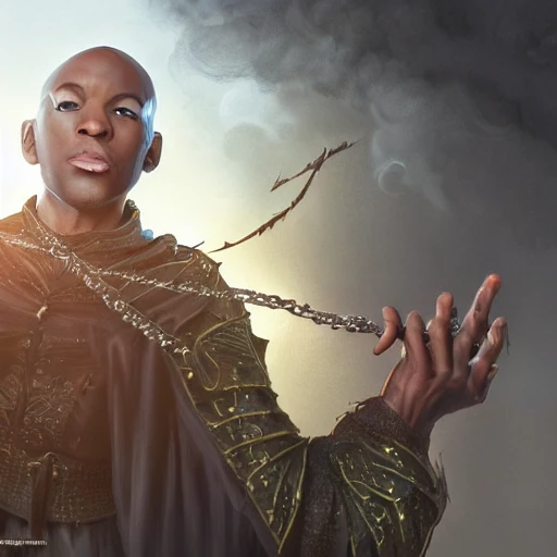 stunning black male bald wizard casting a spell, beautiful, concept art, sharp focus, highly detailed, intricate, still, photograph, fantasy, medieval, midday, day, sunny, shimmering, realistic, 8k, award winning, trending on artstation, Dungeons and dragons, tabletop, in the style of Wizards of the coast