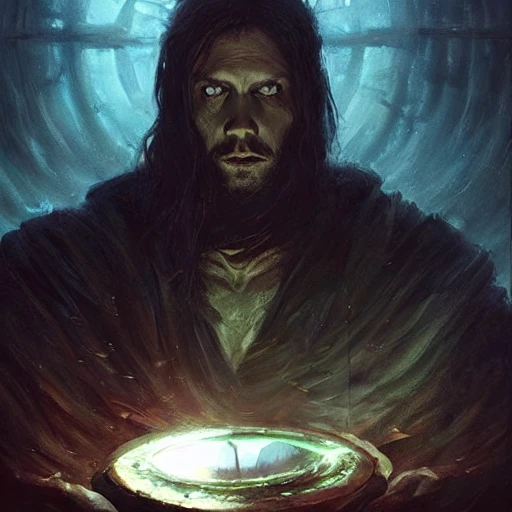 a dark sorcerer summoning his reflection out of a mirror, extremely detailed oil painting by greg rutkowski, anato finnstark, and brian chippy dugan, trending on artstation , Dungeons and dragons, tabletop, in the style of Wizards of the coast