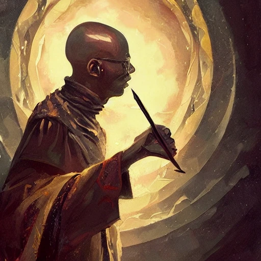 a stunning black bald wizard casting a spell, extremely detailed oil painting by greg rutkowski, anato finnstark, and brian chippy dugan, trending on artstation , Dungeons and dragons, tabletop, in the style of Wizards of the coast