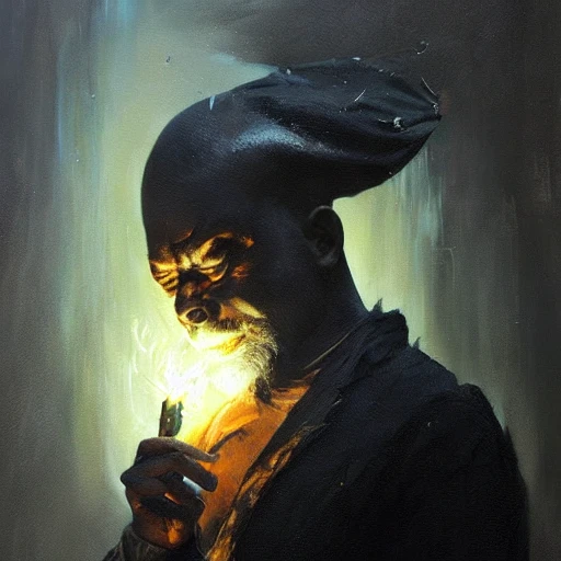 a stunning black bald wizard casting a spell, extremely detailed oil painting by greg rutkowski, anato finnstark, and brian chippy dugan, trending on artstation