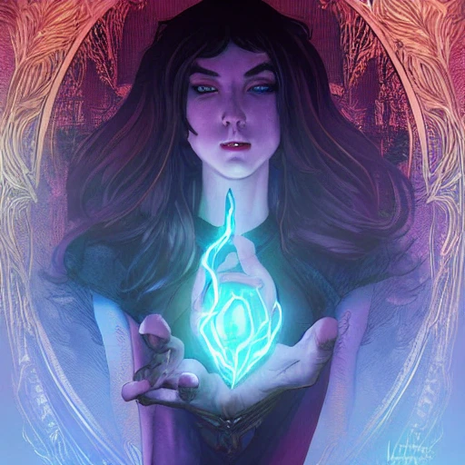 confident enchantress, casting a glowing spell out of her hands, ominous, highly detailed, digital painting, artstation, concept art, smooth, sharp focus, illustration, art by artgerm and alphonse mucha, high definition digital art, in the style of Ross tran and ilya kuvshinov